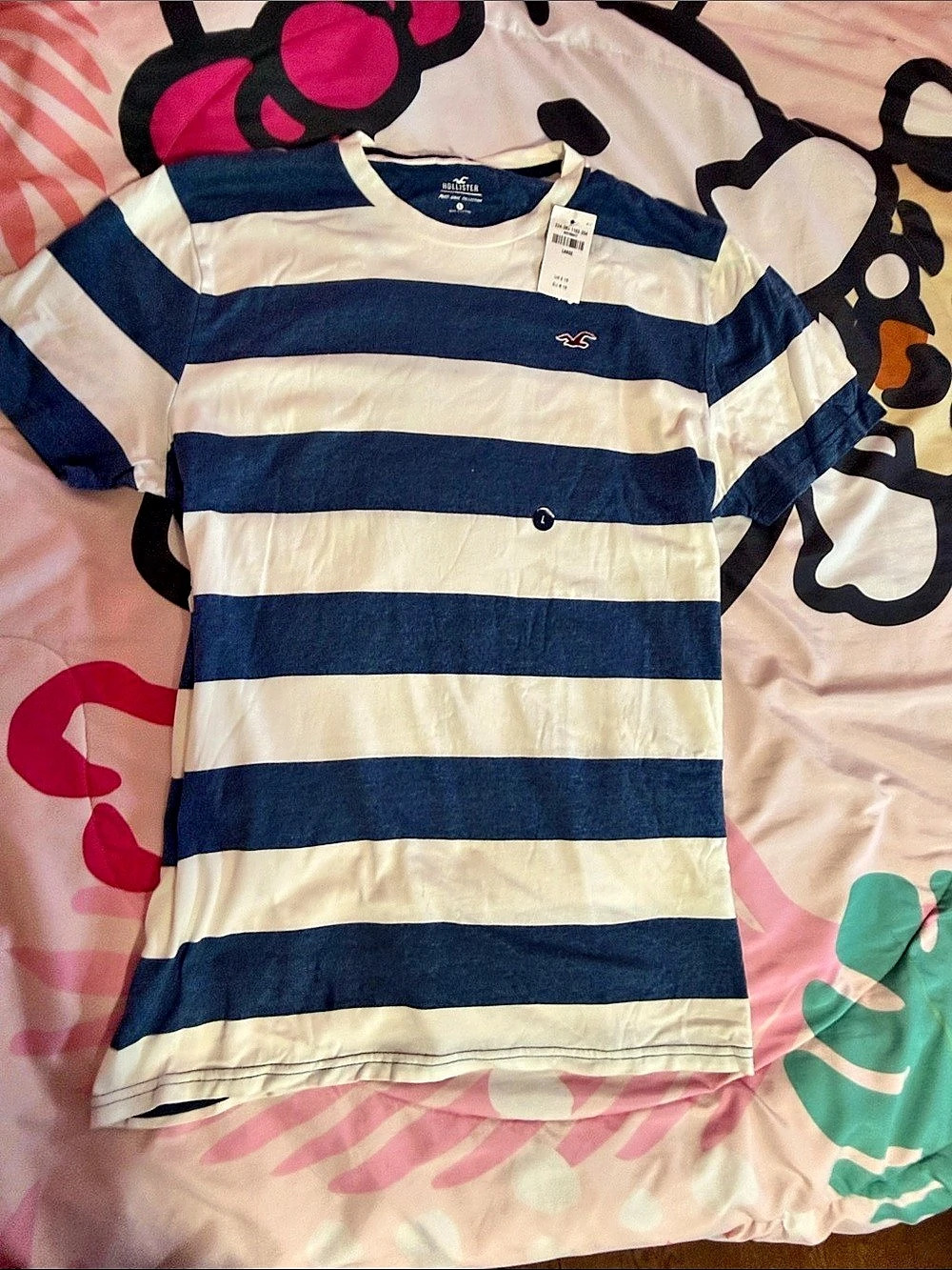 Hollister Must-Have Collection Striped T-Shirt Polo Blue & White Large